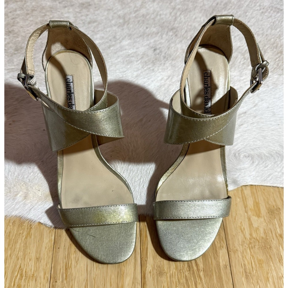 CHARLES DAVID Gold Open Toe Ankle Strap Stiletto High Heel $115 Women's Size 8‎